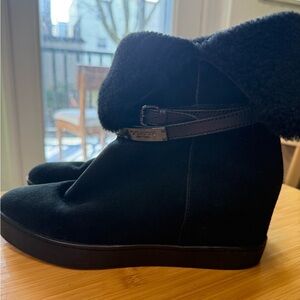 Coach Norell Black Suede Shearling Winter Boots Leather 9.5 Booties Preppy Wedge